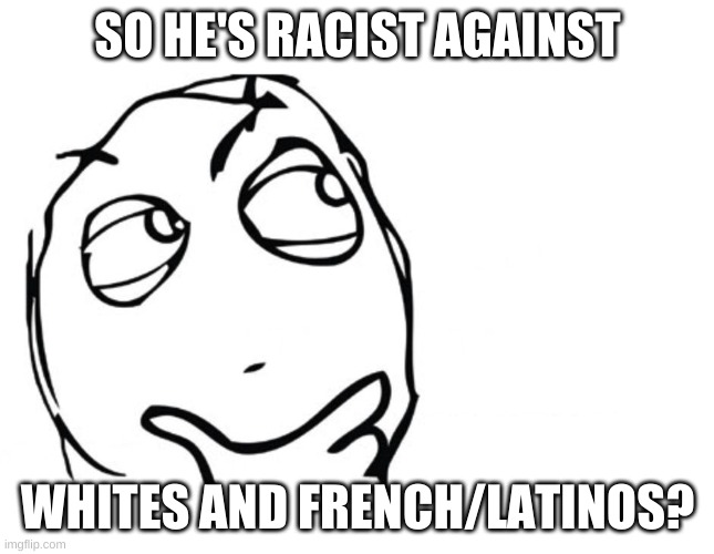 hmmm | SO HE'S RACIST AGAINST WHITES AND FRENCH/LATINOS? | image tagged in hmmm | made w/ Imgflip meme maker