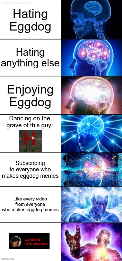 7-Tier Expanding Brain | Hating Eggdog; Hating anything else; Enjoying Eggdog; Dancing on the grave of this guy:; Subscribing to everyone who makes eggdog memes; Like every video from everyone who makes eggdog memes | image tagged in 7-tier expanding brain | made w/ Imgflip meme maker