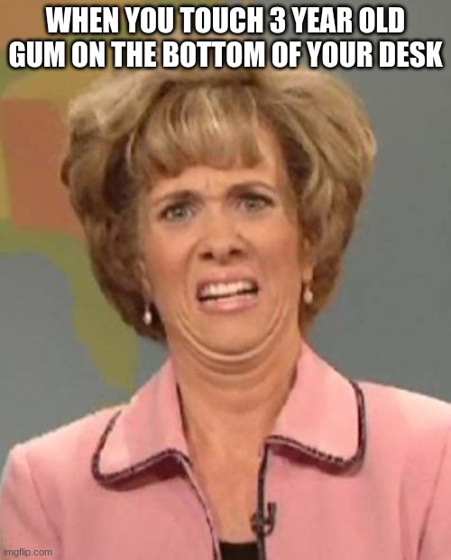 Disgusted Kristin Wiig |  WHEN YOU TOUCH 3 YEAR OLD GUM ON THE BOTTOM OF YOUR DESK | image tagged in disgusted kristin wiig | made w/ Imgflip meme maker