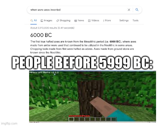 bruh | PEOPLE BEFORE 5999 BC: | image tagged in blank white template,minecraft,tree | made w/ Imgflip meme maker