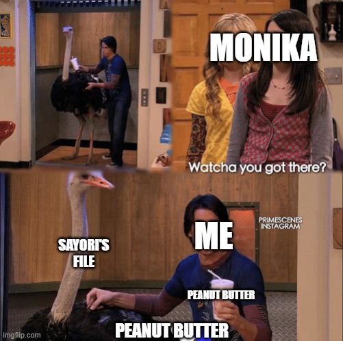 I'm gonna protect Sayori and if you want her dead, you'll have to kill me | MONIKA; SAYORI'S FILE; ME; PEANUT BUTTER; PEANUT BUTTER | image tagged in what you got there | made w/ Imgflip meme maker