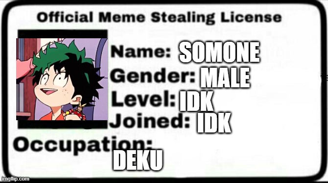 My license | SOMONE; MALE; IDK; IDK; DEKU | image tagged in meme stealing license | made w/ Imgflip meme maker