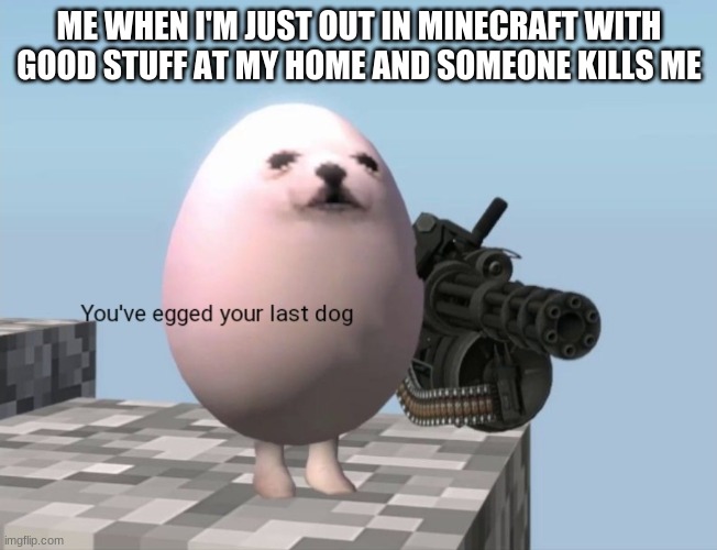 You've Egged Your Last Dog | ME WHEN I'M JUST OUT IN MINECRAFT WITH GOOD STUFF AT MY HOME AND SOMEONE KILLS ME | image tagged in you've egged your last dog | made w/ Imgflip meme maker