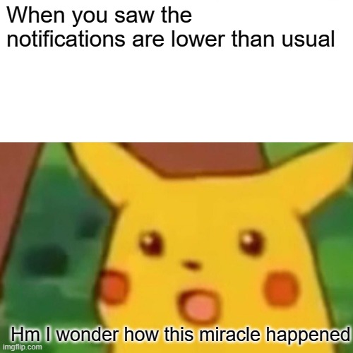 Happened to me lol | When you saw the notifications are lower than usual; Hm I wonder how this miracle happened | image tagged in memes,surprised pikachu | made w/ Imgflip meme maker
