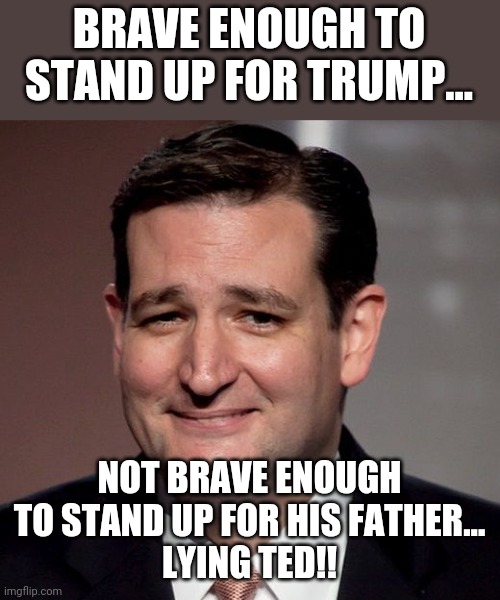 Lying Ted | BRAVE ENOUGH TO STAND UP FOR TRUMP... NOT BRAVE ENOUGH TO STAND UP FOR HIS FATHER...
LYING TED!! | image tagged in ted cruz,trump supporters,maga,election fraud,voter fraud,conservatives | made w/ Imgflip meme maker