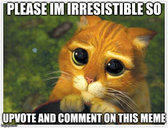 Shrek Cat |  PLEASE IM IRRESISTIBLE SO; UPVOTE AND COMMENT ON THIS MEME | image tagged in memes,shrek cat | made w/ Imgflip meme maker