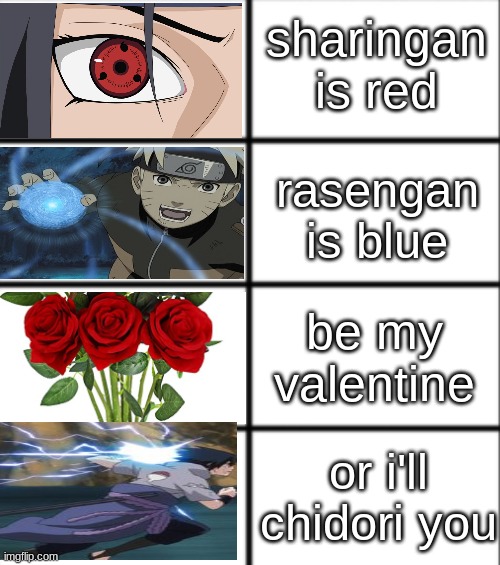 Roses are Red | sharingan is red; rasengan is blue; be my valentine; or i'll chidori you | image tagged in roses are red | made w/ Imgflip meme maker