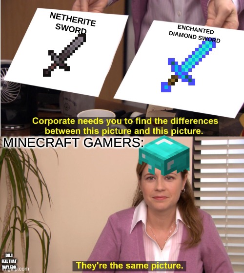 Minecraft gamers be like: | NETHERITE SWORD; ENCHANTED DIAMOND SWORD; MINECRAFT GAMERS:; LOL I FEEL THAT WAY TOO | image tagged in memes,they're the same picture,minecraft,video games,wait thats illegal | made w/ Imgflip meme maker