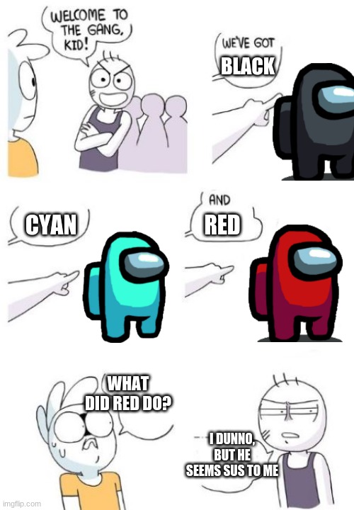 red is the most sus one of all, he's even got a song about him being sus! | BLACK; CYAN; RED; WHAT DID RED DO? I DUNNO, BUT HE SEEMS SUS TO ME | image tagged in amongus,sus | made w/ Imgflip meme maker