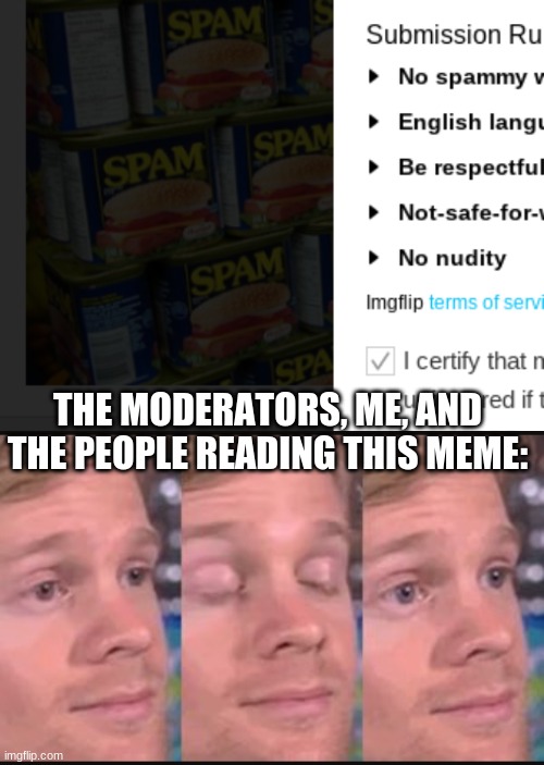 uH oh... I thInk I BrOke tHe RuLeS AgAiN | THE MODERATORS, ME, AND THE PEOPLE READING THIS MEME: | image tagged in blinking guy,spam,moderators,imgflip,gaming | made w/ Imgflip meme maker