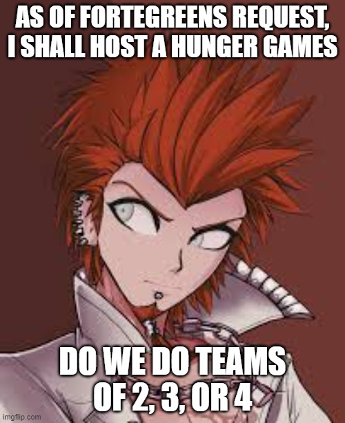 AS OF FORTEGREENS REQUEST, I SHALL HOST A HUNGER GAMES; DO WE DO TEAMS OF 2, 3, OR 4 | made w/ Imgflip meme maker
