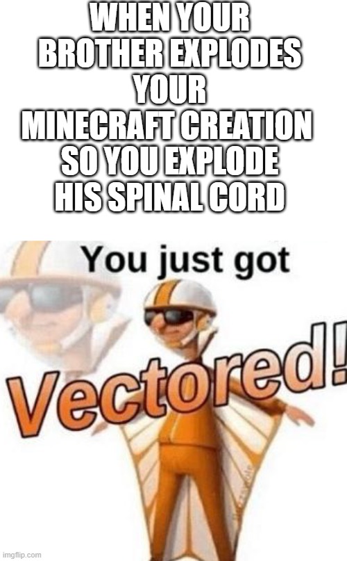 You just got vectored | WHEN YOUR BROTHER EXPLODES YOUR MINECRAFT CREATION; SO YOU EXPLODE HIS SPINAL CORD | image tagged in you just got vectored | made w/ Imgflip meme maker