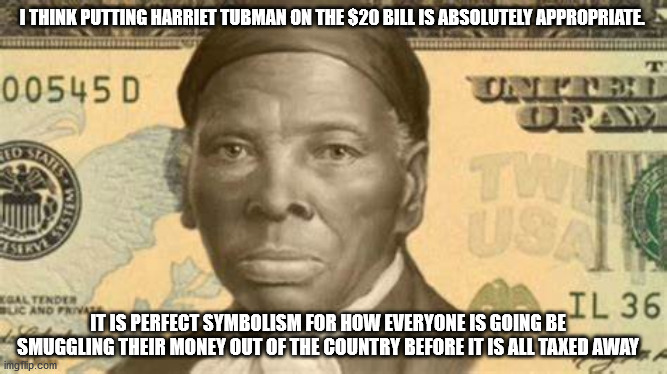 Makes sense to me | I THINK PUTTING HARRIET TUBMAN ON THE $20 BILL IS ABSOLUTELY APPROPRIATE. IT IS PERFECT SYMBOLISM FOR HOW EVERYONE IS GOING BE SMUGGLING THEIR MONEY OUT OF THE COUNTRY BEFORE IT IS ALL TAXED AWAY | image tagged in it's all about the harriet's | made w/ Imgflip meme maker