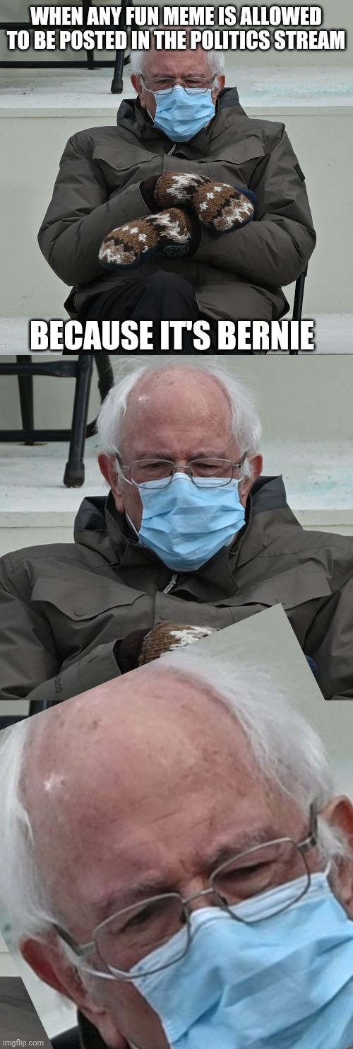 Because bernie | WHEN ANY FUN MEME IS ALLOWED TO BE POSTED IN THE POLITICS STREAM; BECAUSE IT'S BERNIE | image tagged in i am twice again asking | made w/ Imgflip meme maker