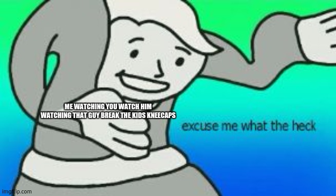 Excuse Me What The Heck | ME WATCHING YOU WATCH HIM WATCHING THAT GUY BREAK THE KIDS KNEECAPS | image tagged in excuse me what the heck | made w/ Imgflip meme maker