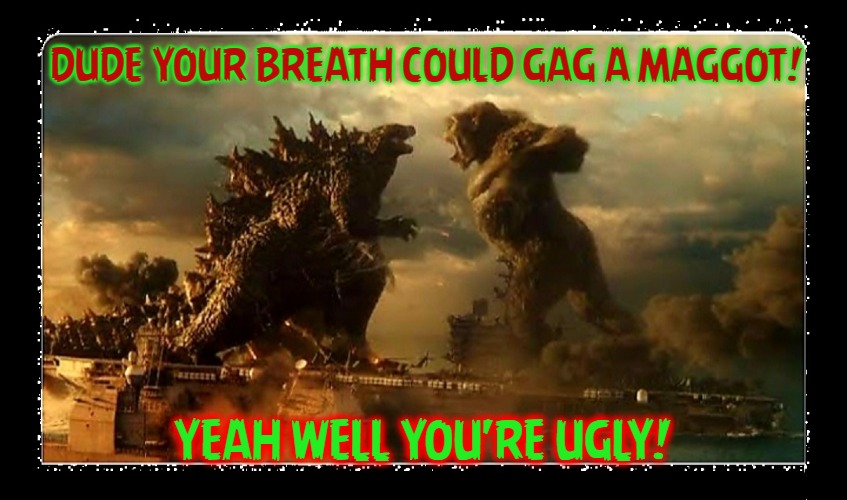 Best Friends 4EVER <3 | DUDE YOUR BREATH COULD GAG A MAGGOT! YEAH WELL YOU'RE UGLY! | image tagged in best buddies 4ever,godzilla,godzilla vs kong,godzilla had a stroke trying to read this and fricking died,king kong | made w/ Imgflip meme maker