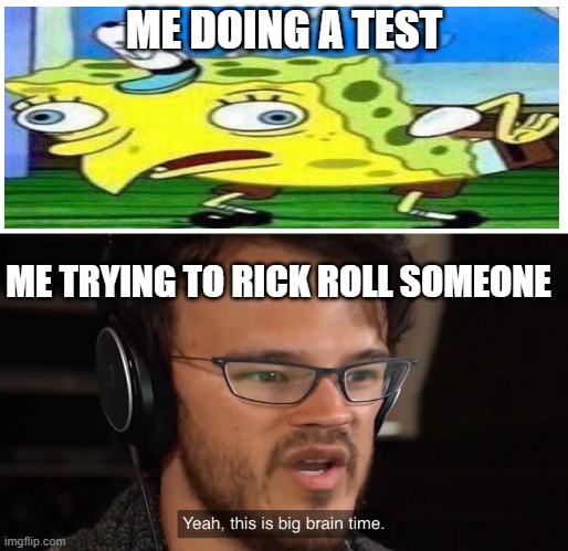 Yeah, this is big brain time | ME DOING A TEST; ME TRYING TO RICK ROLL SOMEONE | image tagged in yeah this is big brain time | made w/ Imgflip meme maker