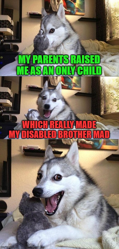 Quiet down, Billy! | MY PARENTS RAISED ME AS AN ONLY CHILD; WHICH REALLY MADE MY DISABLED BROTHER MAD | image tagged in memes,bad pun dog,dark humor,disability,funny | made w/ Imgflip meme maker