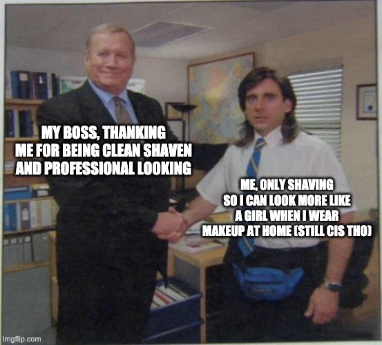 the office handshake | MY BOSS, THANKING ME FOR BEING CLEAN SHAVEN AND PROFESSIONAL LOOKING; ME, ONLY SHAVING SO I CAN LOOK MORE LIKE A GIRL WHEN I WEAR MAKEUP AT HOME (STILL CIS THO) | image tagged in the office handshake,egg_irl | made w/ Imgflip meme maker