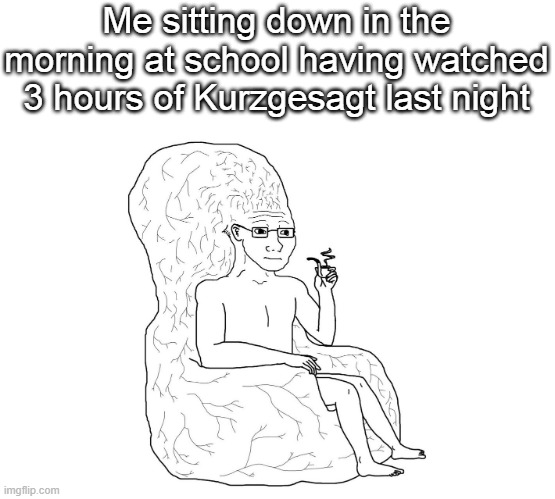 *plops down in chair* I am going to be the new smart kid.... | Me sitting down in the morning at school having watched 3 hours of Kurzgesagt last night | image tagged in wojak brain | made w/ Imgflip meme maker