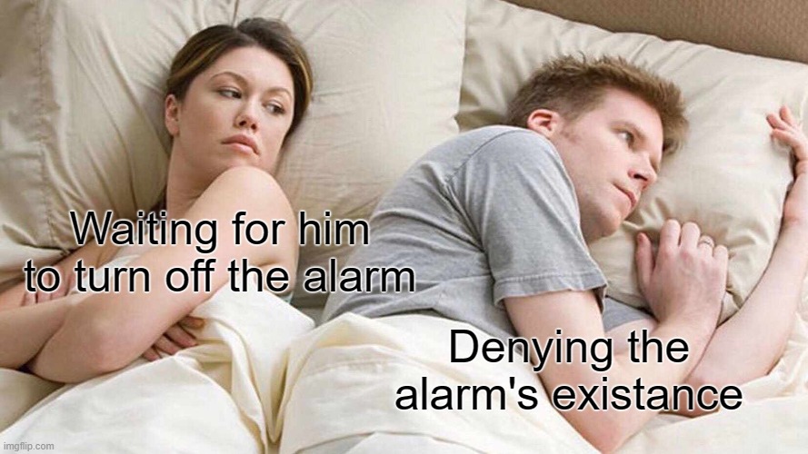 Sleep | Waiting for him to turn off the alarm; Denying the alarm's existance | image tagged in memes | made w/ Imgflip meme maker