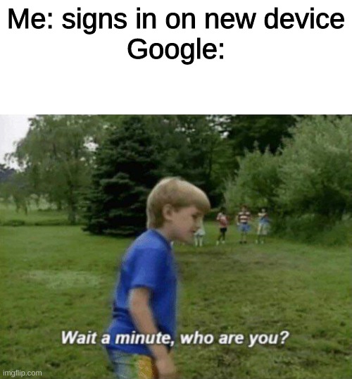 google security b like | Me: signs in on new device
Google: | image tagged in wait a minute who are you | made w/ Imgflip meme maker