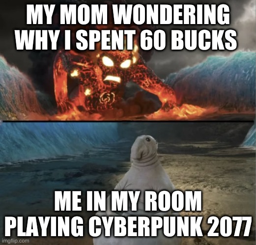 yay | MY MOM WONDERING WHY I SPENT 60 BUCKS; ME IN MY ROOM PLAYING CYBERPUNK 2077 | image tagged in zhdun sitting casually while te-ka is approaching | made w/ Imgflip meme maker