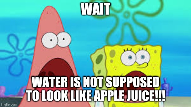 Apple juice water | WAIT; WATER IS NOT SUPPOSED TO LOOK LIKE APPLE JUICE!!! | image tagged in water | made w/ Imgflip meme maker