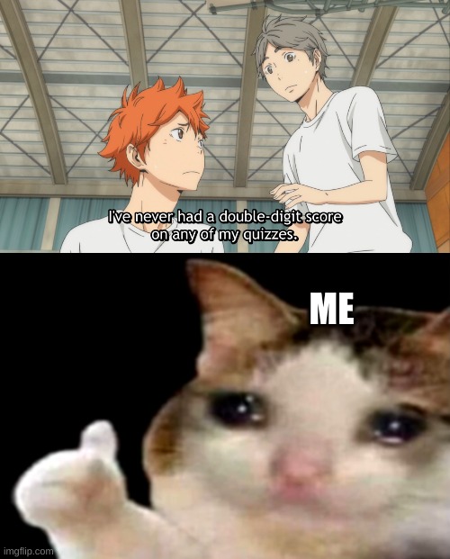 i feel you but at least you had real school | ME | image tagged in sad cat thumbs up,haikyu | made w/ Imgflip meme maker