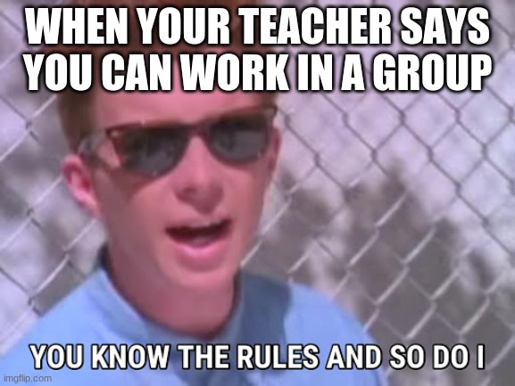 School memes | WHEN YOUR TEACHER SAYS YOU CAN WORK IN A GROUP | image tagged in rick astley you know the rules | made w/ Imgflip meme maker