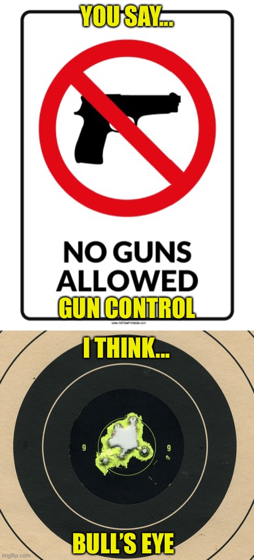 You Say It, I’ll Think It | YOU SAY... GUN CONTROL; I THINK... BULL’S EYE | image tagged in thoughts,gun control,bulls eye | made w/ Imgflip meme maker
