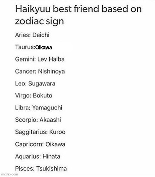 Now it says Oikawa for Taurus | Oikawa | made w/ Imgflip meme maker