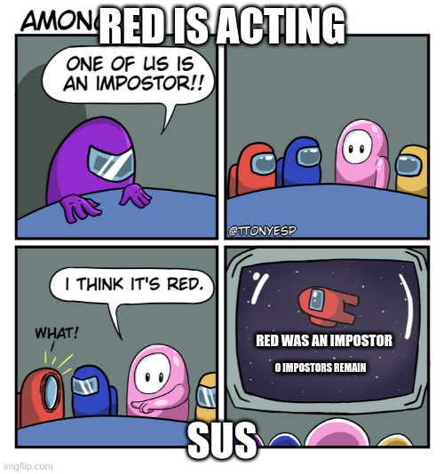 red sus | RED IS ACTING; RED WAS AN IMPOSTOR; SUS; 0 IMPOSTORS REMAIN | image tagged in the fall guy | made w/ Imgflip meme maker
