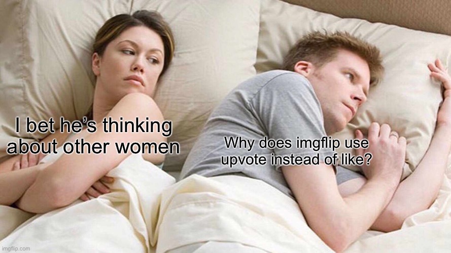 I Bet He's Thinking About Other Women | I bet he’s thinking about other women; Why does imgflip use upvote instead of like? | image tagged in memes,i bet he's thinking about other women | made w/ Imgflip meme maker