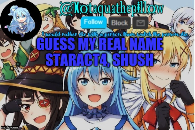 Aquathepillow Announcement template | GUESS MY REAL NAME
STARACT4, SHUSH | image tagged in aquathepillow announcement template | made w/ Imgflip meme maker