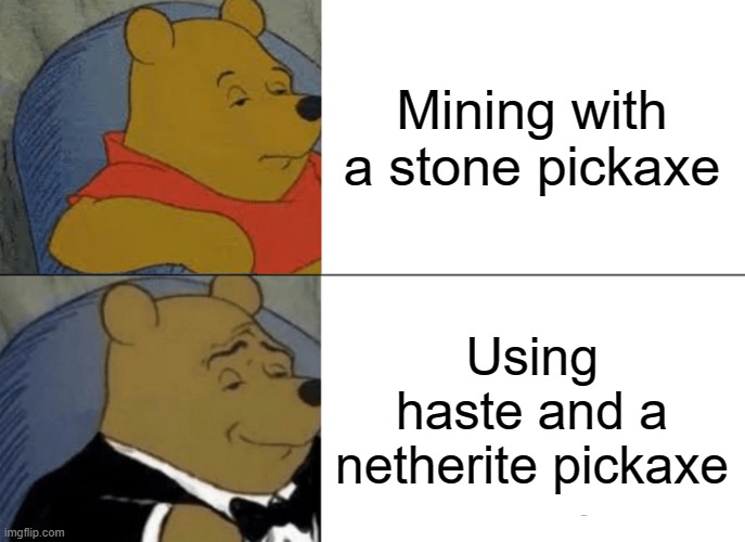 Tuxedo Winnie The Pooh | Mining with a stone pickaxe; Using haste and a netherite pickaxe | image tagged in memes,tuxedo winnie the pooh | made w/ Imgflip meme maker