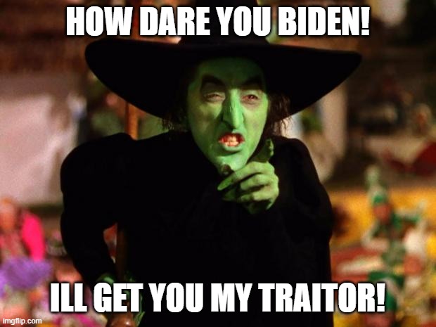 wicked witch  | HOW DARE YOU BIDEN! ILL GET YOU MY TRAITOR! | image tagged in wicked witch | made w/ Imgflip meme maker