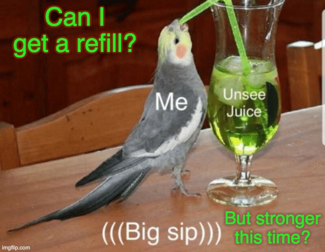 Unsee juice | Can I get a refill? But stronger this time? | image tagged in unsee juice | made w/ Imgflip meme maker