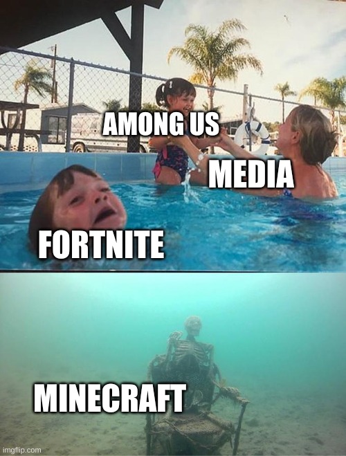 Drowning kid in the pool | AMONG US; MEDIA; FORTNITE; MINECRAFT | image tagged in drowning kid in the pool | made w/ Imgflip meme maker