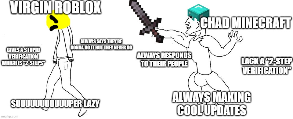 Roblox vs Minecraft | VIRGIN ROBLOX; CHAD MINECRAFT; ALWAYS SAYS THEY'RE GONNA DO IT BUT THEY NEVER DO; GIVES A STUPID VERIFICATION WHICH IS "2-STEPS"; ALWAYS RESPONDS TO THEIR PEOPLE; LACK A "2-STEP VERIFICATION"; SUUUUUUUUUUUPER LAZY; ALWAYS MAKING COOL UPDATES | image tagged in virgin vs chad | made w/ Imgflip meme maker