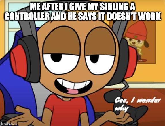 ME AFTER I GIVE MY SIBLING A CONTROLLER AND HE SAYS IT DOESN'T WORK | image tagged in gee i wonder why | made w/ Imgflip meme maker