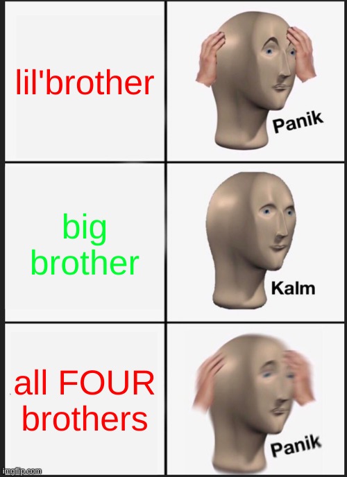 Panik Kalm Panik Meme | lil'brother big brother all FOUR brothers | image tagged in memes,panik kalm panik | made w/ Imgflip meme maker