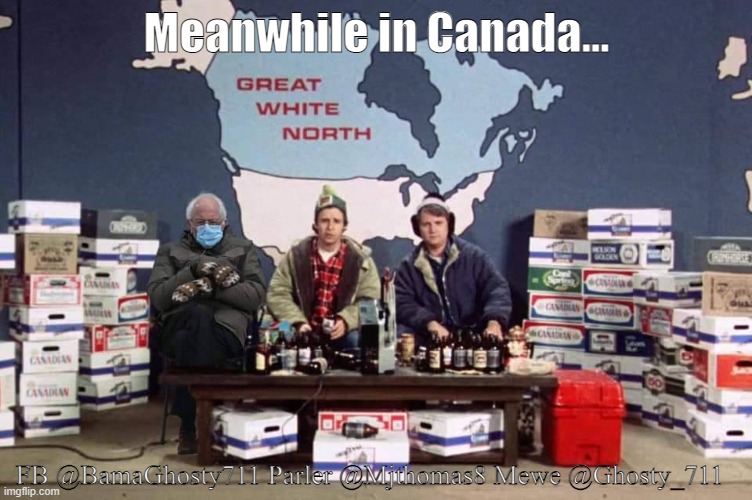 Meanwhile in Canada... FB @BamaGhosty711 Parler @Mjthomas8 Mewe @Ghosty_711 | image tagged in meanwhile in canada,mittens,bernie,the weeknd,biden,baby it's cold outside | made w/ Imgflip meme maker