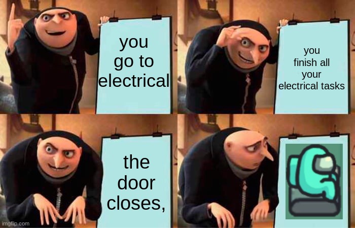 Gru's Plan | you go to electrical; you finish all your electrical tasks; the door closes, | image tagged in memes,gru's plan | made w/ Imgflip meme maker