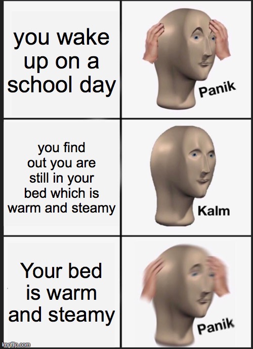 uh oh stinky | you wake up on a school day; you find out you are still in your bed which is warm and steamy; Your bed is warm and steamy | image tagged in memes,panik kalm panik | made w/ Imgflip meme maker