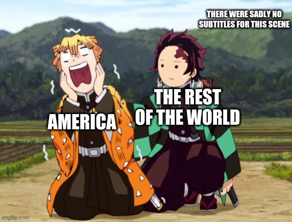 yes | THERE WERE SADLY NO SUBTITLES FOR THIS SCENE; THE REST OF THE WORLD; AMERICA | image tagged in demon slayer,anime | made w/ Imgflip meme maker
