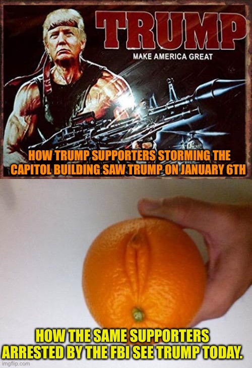 Orange man pussy | HOW TRUMP SUPPORTERS STORMING THE CAPITOL BUILDING SAW TRUMP ON JANUARY 6TH; HOW THE SAME SUPPORTERS ARRESTED BY THE FBI SEE TRUMP TODAY. | image tagged in donald trump,maga,losers,orange,pussy,traitors | made w/ Imgflip meme maker