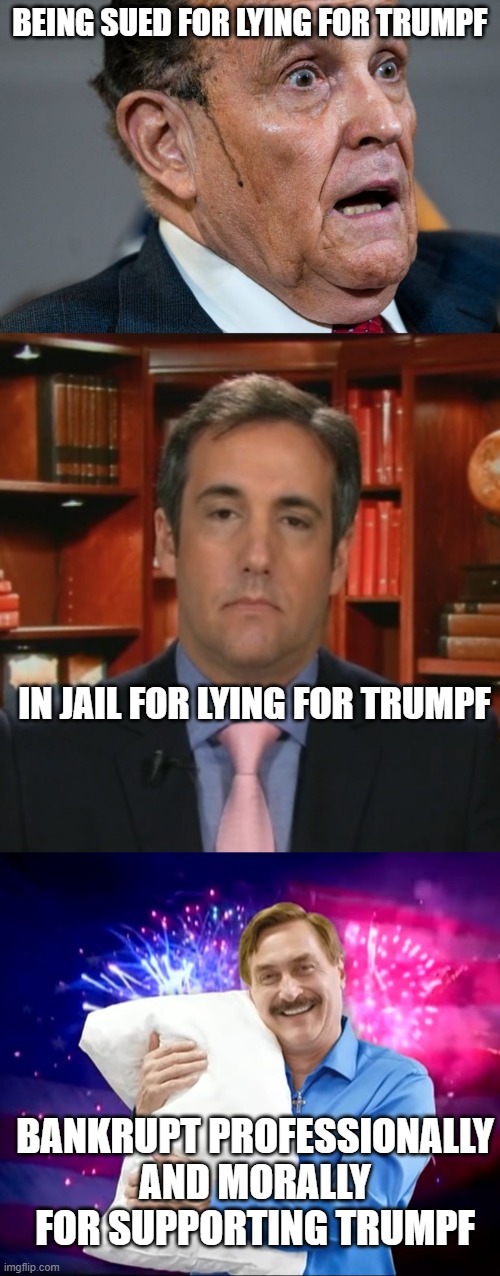 BEING SUED FOR LYING FOR TRUMPF; IN JAIL FOR LYING FOR TRUMPF; BANKRUPT PROFESSIONALLY AND MORALLY FOR SUPPORTING TRUMPF | image tagged in rudy giuliani,michael cohen,mike lindell | made w/ Imgflip meme maker
