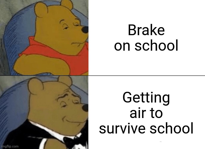 Tuxedo Winnie The Pooh Meme | Brake on school; Getting air to survive school | image tagged in memes,tuxedo winnie the pooh | made w/ Imgflip meme maker