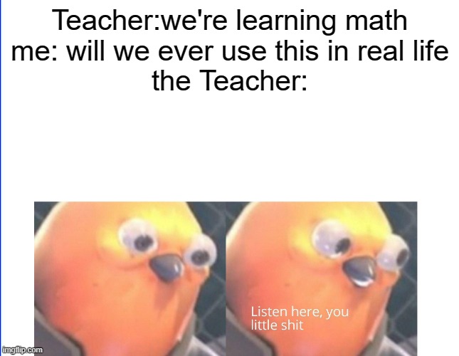 school in a nutshell | Teacher:we're learning math
me: will we ever use this in real life
the Teacher: | image tagged in listen here you little shit,school | made w/ Imgflip meme maker